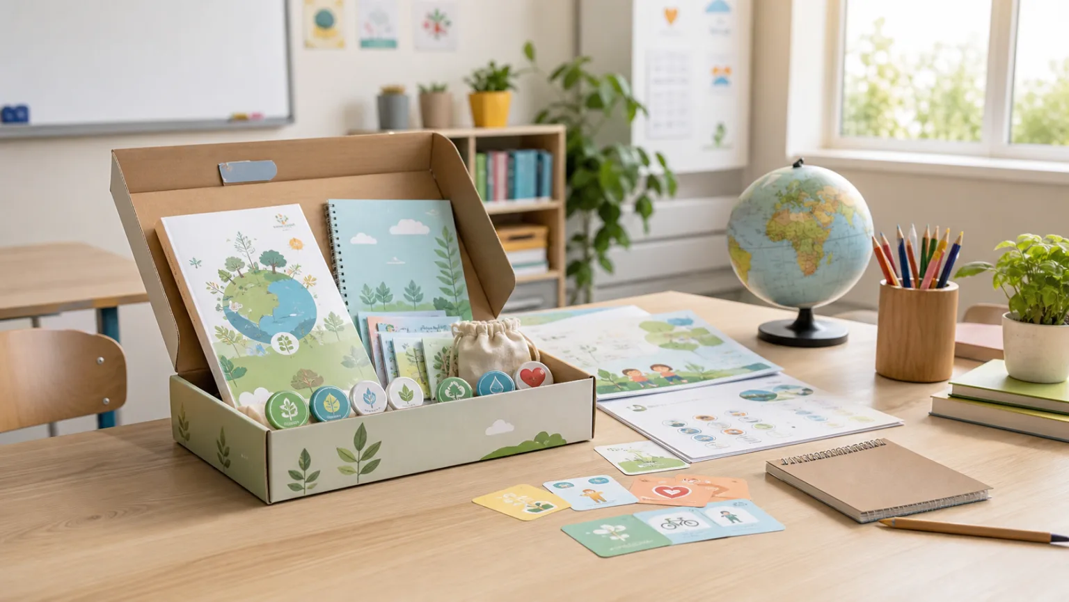 Kit pédagogique sur l'environnement ouvert sur un bureau de classe, avec livrets, fiches d'activités, badges et globe terrestre